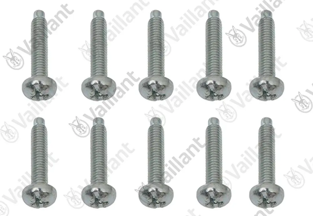 Zehn metallene Schrauben der Marke Vaillant mit kreuzförmigem Schlitzkopf und durchgehendem Gewinde.